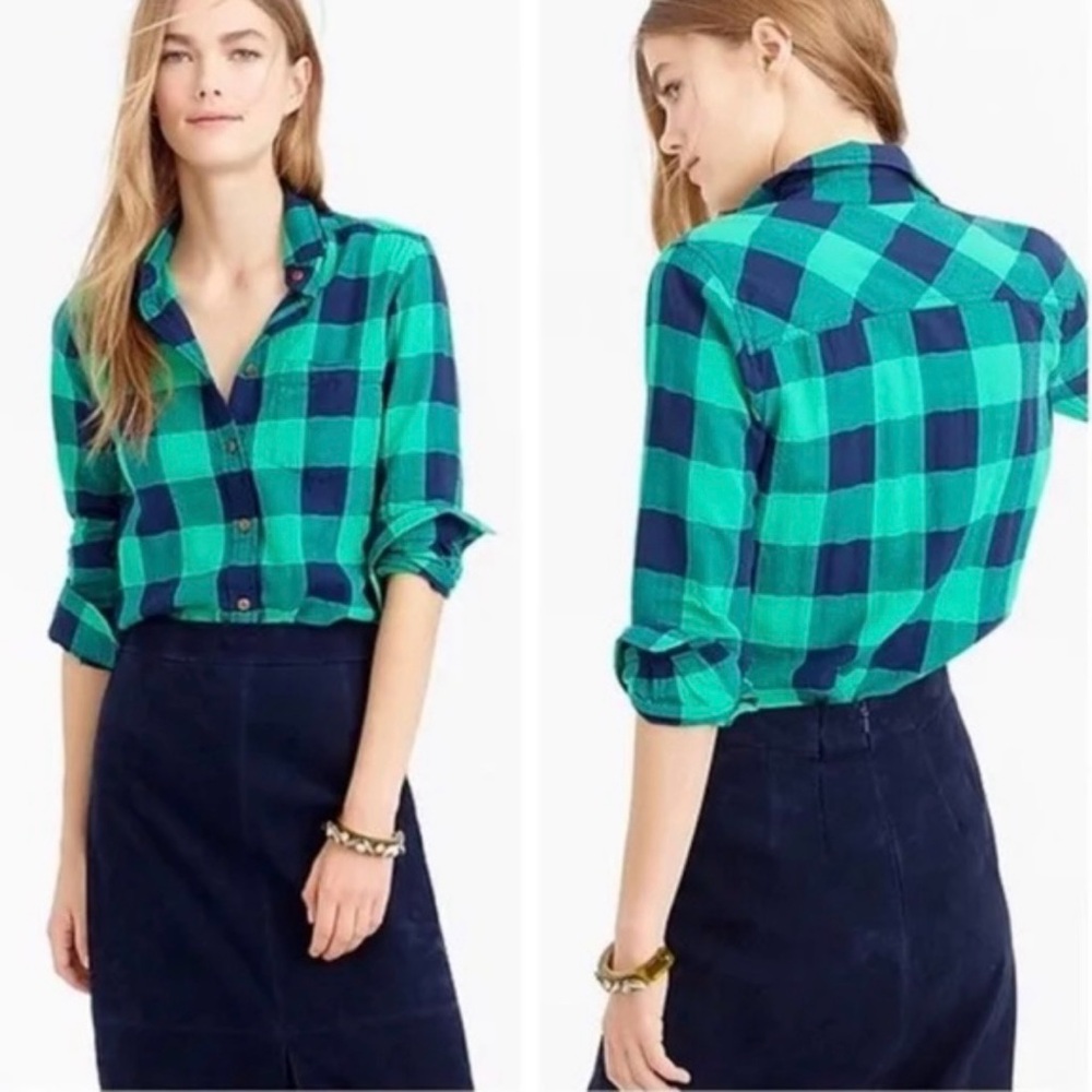 J.Crew Shrunken Boy Shirt in Emerald Buffalo Check Plaid Size 00